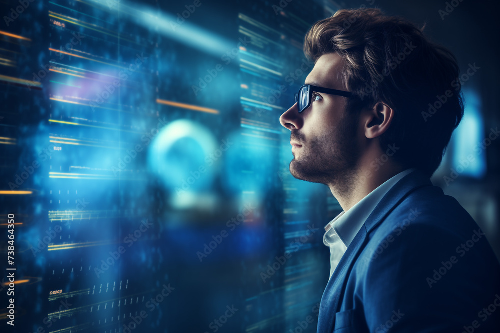 Businessman working on a laptop with code and digital interface in the background, symbolizing success in the world of technology, finance, and data science Businessman working on a laptop with code and digital interface in the background, symbolizing success in the world of technology, finance, and data science