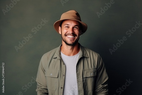 Portrait of a handsome smiling man in a hat over dark background