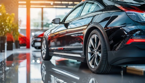 Closeup new black car parked in luxury showroom. Car dealership office. New car parked in modern showroom. Car for sale and rent business. Automobile leasing and insurance background. © Rameshwar