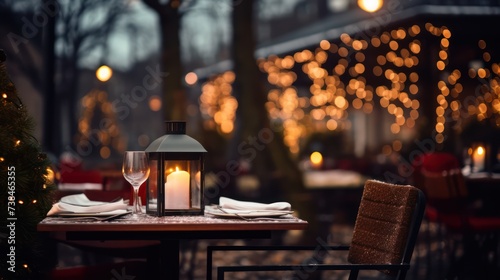 Background in billboard design, outdoor table of restaurant in winter. Cozy atmosphere, focused focus, bokeh.