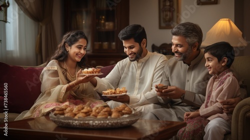 Multigenerational indian family eating sweets while celebrating festival or occasion dressed in traditional wear, sitting on sofa or couch
