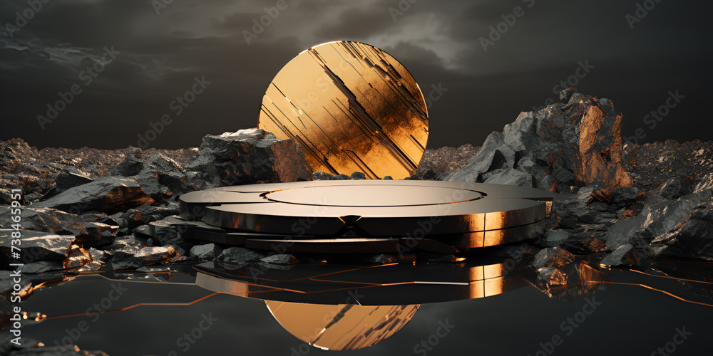 3d rendering of a metal globe on a lake shore with mountains in the background