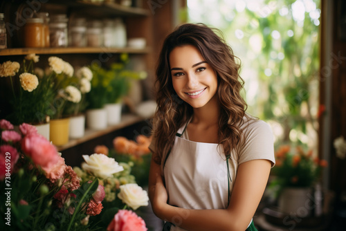 Young girl florist smiling at the camera while standing near the counter of a flower shop