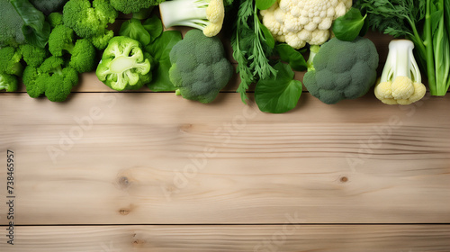 Vegetables: cauliflower, broccoli, Brussels sprouts, peas on a wooden background, top view, copy space