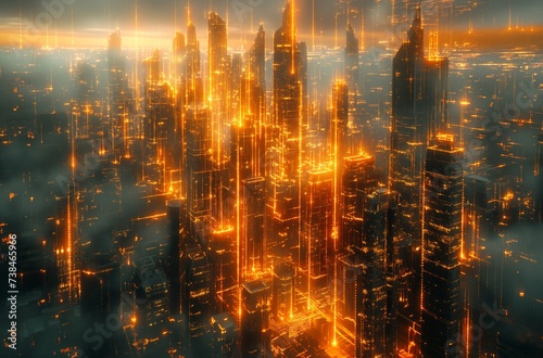 Neon Nexus Cityscape: Cybercity Horizon at Dusk