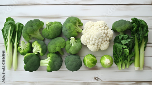 Vegetables: cauliflower, broccoli, Brussels sprouts, peas on a white wooden background, top view, copy space