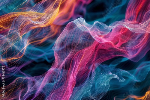 Microscopic image of textile fibers interweaving, colorful threads, detailed texture photo