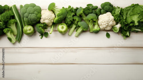 Vegetables: cauliflower, broccoli, Brussels sprouts, peas on a white wooden background, top view, copy space