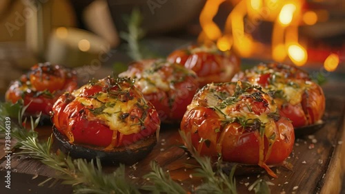 A cozy evening by the fire calls for indulging in these fireroasted tomatoes their vibrant colors and rich flavors highlighted by fresh herbs and melted cheese. photo