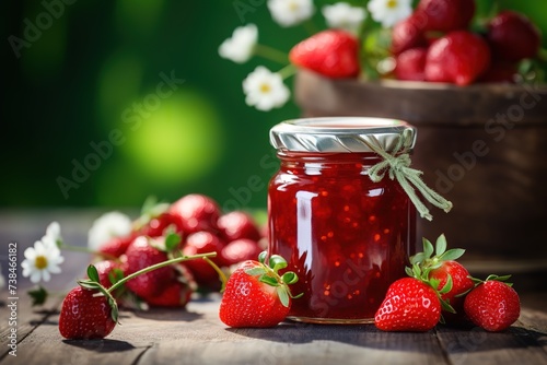 delicious strawberry jam in a jar, plain bread smeared with jam.