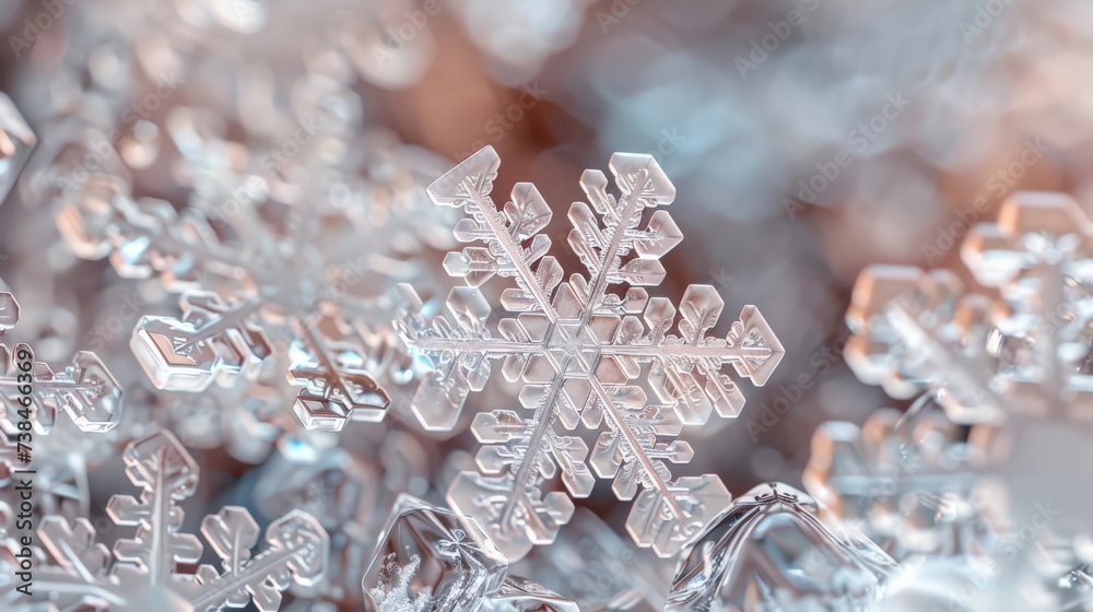 Microscopic stock photo of a snowflake's formation, capturing the delicate and unique ice patterns Microscopic stock photo of a snowflake's formation, capturing the delicate and unique ice patterns