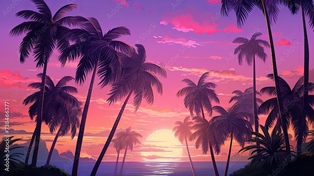 A group of palm trees with the purple sky in the background