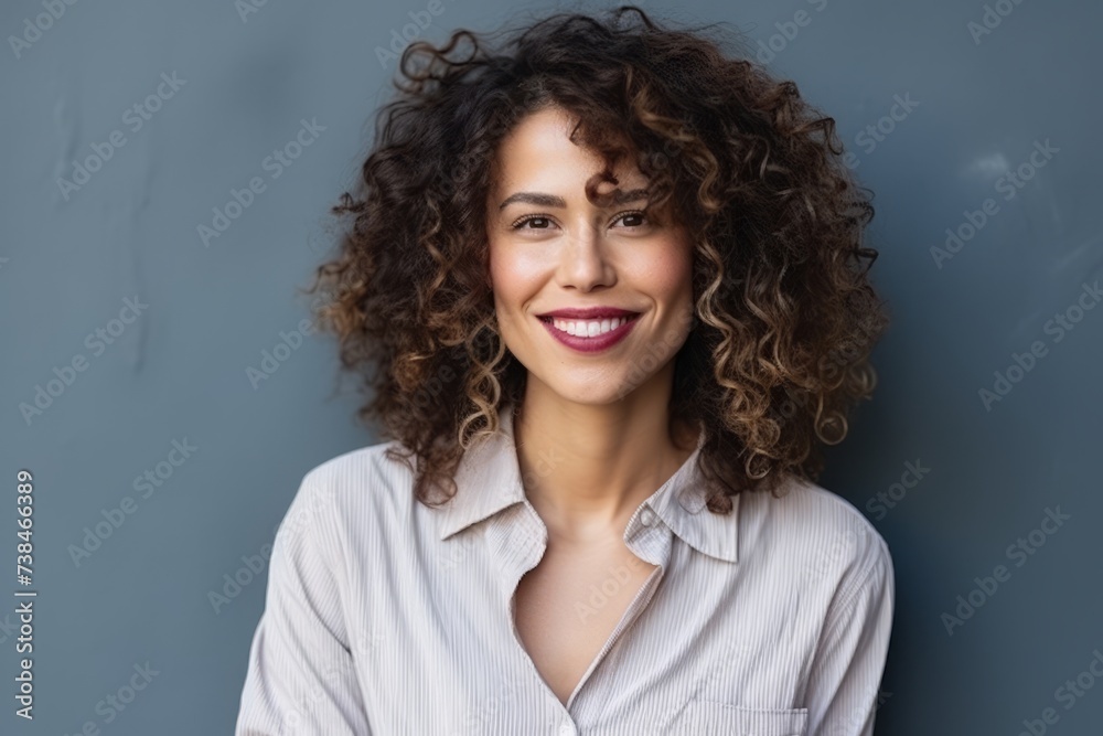 Portrait of a beautiful young woman with curly hair smiling at the camera Portrait of a beautiful young woman with curly hair smiling at the camera