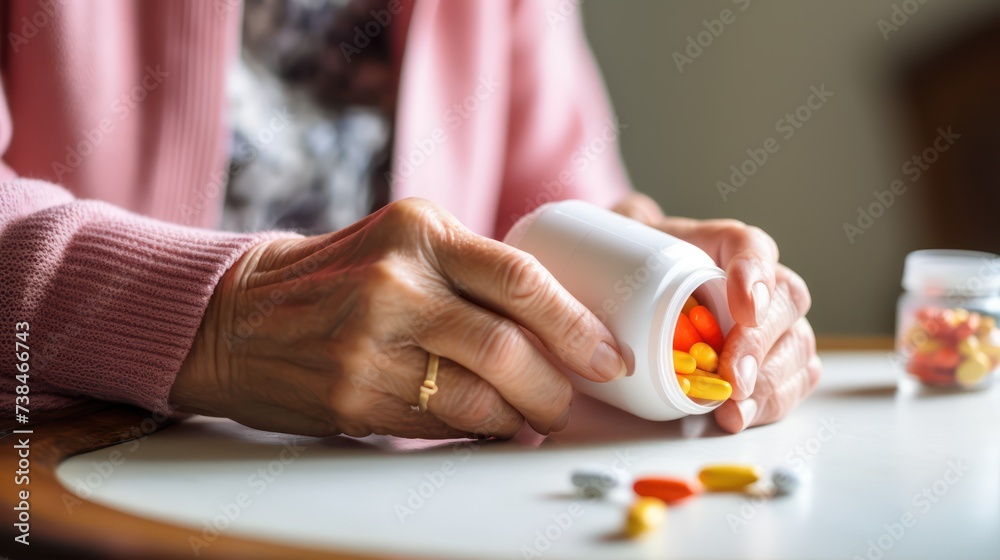 A Close up of Old woman closes pill bottle to take medicine, treat memory loss, high blood pressure or cholesterol level as painkiller, concept of treatment for diseases in old age A Close up of Old woman closes pill bottle to take medicine, treat memory loss, high blood pressure or cholesterol level as painkiller, concept of treatment for diseases in old age