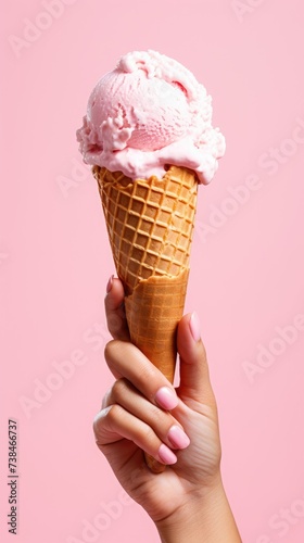 A hand holding an ice cream cone on a pink background
