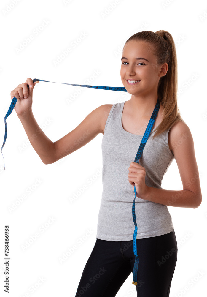 weight loss young teen girl smiling happy excited standing with measuring tape isolated on white background weight loss young teen girl smiling happy excited standing with measuring tape isolated on white background