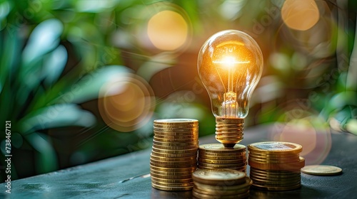 A light bulb filled with coins symbolizing financial savings or ideas for making money photo