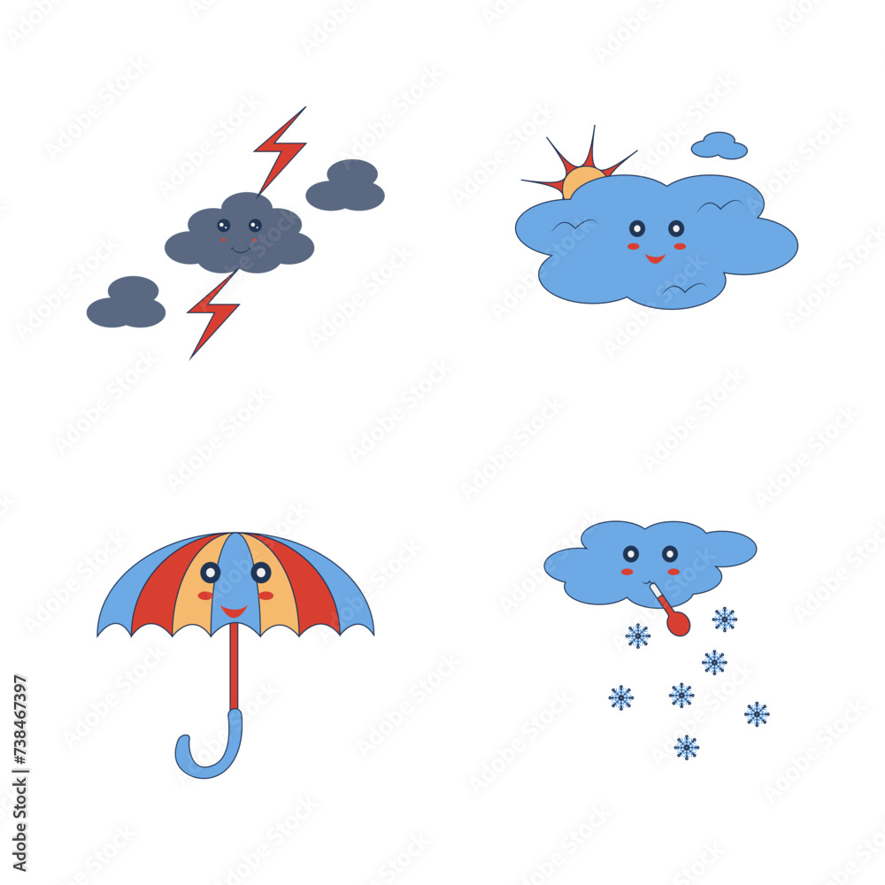 Kawaii Weather Character Set. Isolated On White Background. Cartoon Design and Shapes. Vector Illustration