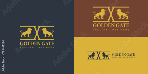 Golden Gate Lion Logo applied for the jewelry business. Royal Lion King Gate Door Knocker with Premium Shield Shape for Guard Protect logo design
