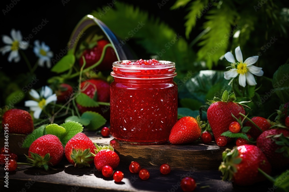delicious strawberry jam in a jar, plain bread smeared with jam. delicious strawberry jam in a jar, plain bread smeared with jam.