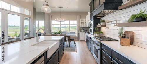Spacious kitchen with a large white countertop, separate spice wok area, dark grey service section with wine fridge, glass cabinet shelves, and farmhouse sink. © Sona