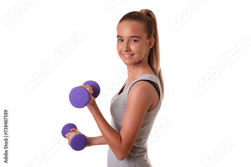 Horizontal shot of satisfied motivated sportsgirl in profile has regular training raises arms with dumbbells isolated on white. Sport concept