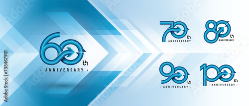 60, 70, 80, 90, 100 year Anniversary logo design, Sixty to Hundred years Anniversary Logo for celebration event, Abstract Blue Lines Circle Arrow, Growth to Success Concept, Curved Arrow Right to Top.