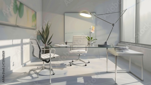 Sleek Minimalist Office with Glass Desk, White Ergonomic Chair and Desk Lamp AI Generated.