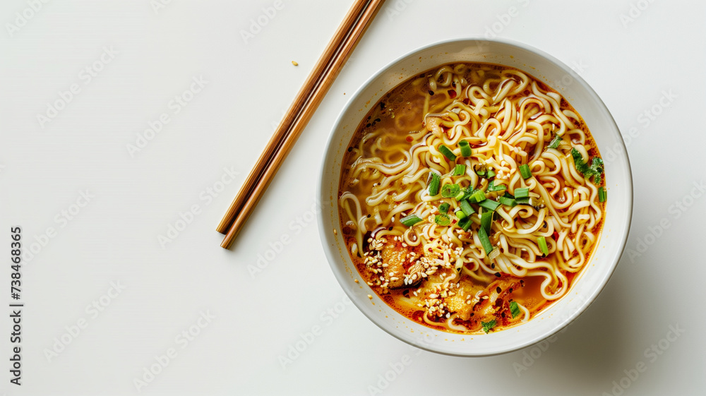 Hot ramen spicy Thai style on cup isolate on white background. - obrazy, fototapety, plakaty 