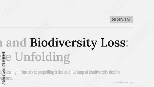 Term 'Biodiversity loss' highlighted on FAKE headlines news publications. Titles on white background. Can be used for editorial AND non editorial content as everything is 100% fake