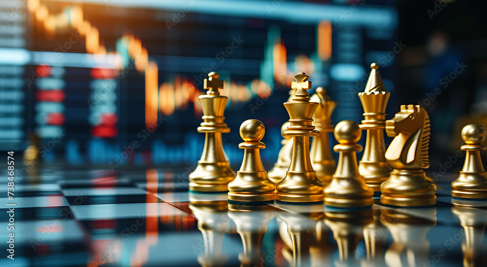Golden chess pieces on chessboard with reflection on stock market screen business concept background. Golden chess pieces on chessboard with reflection on stock market screen business concept background.