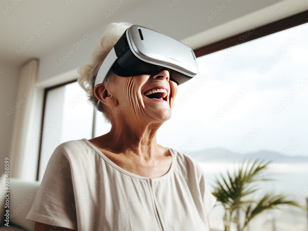 An elderly woman wearing VR goggles