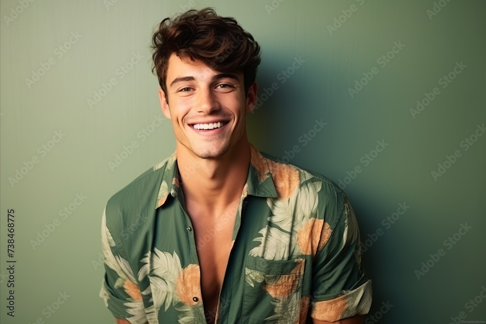 Portrait of a handsome young man smiling against a green wall. - obrazy, fototapety, plakaty 