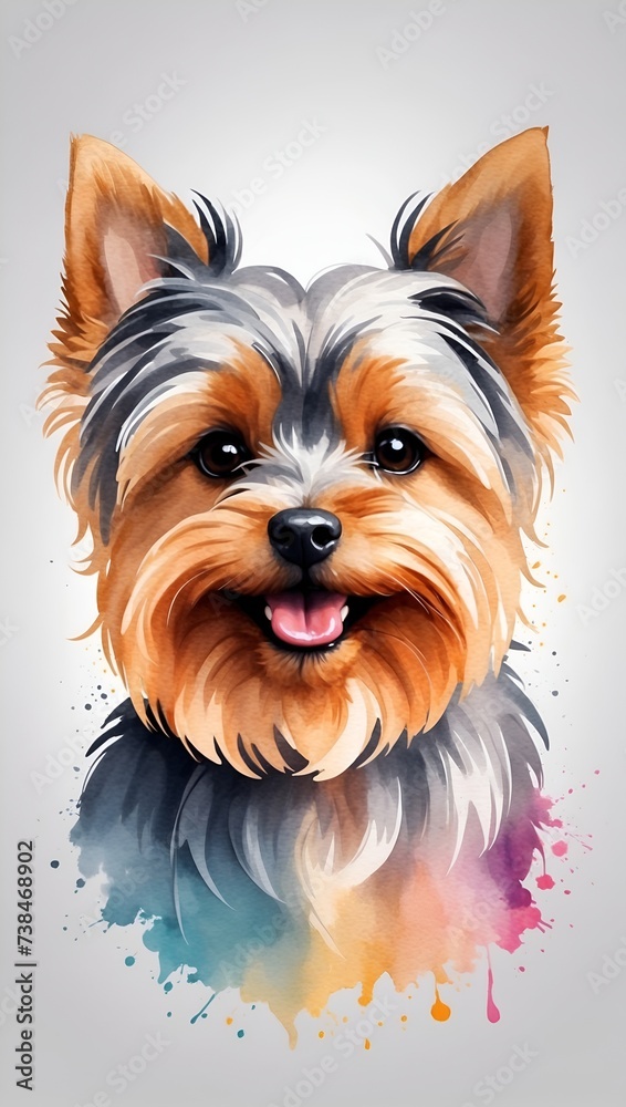 Colorful Yorkshire Terrier dog illustration on watercolor splash isolated on white background