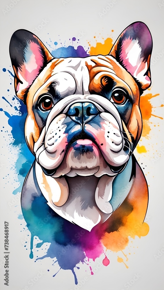Colorful Bulldog face illustration on watercolor splash isolated on white background
