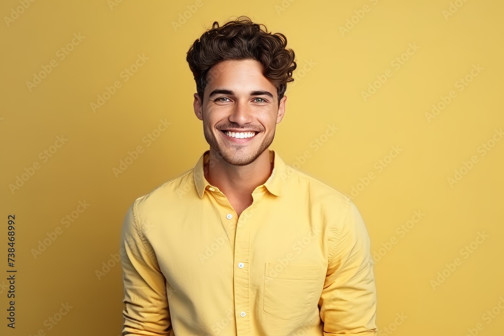 Portrait of a handsome young man in yellow shirt smiling against yellow background Portrait of a handsome young man in yellow shirt smiling against yellow background