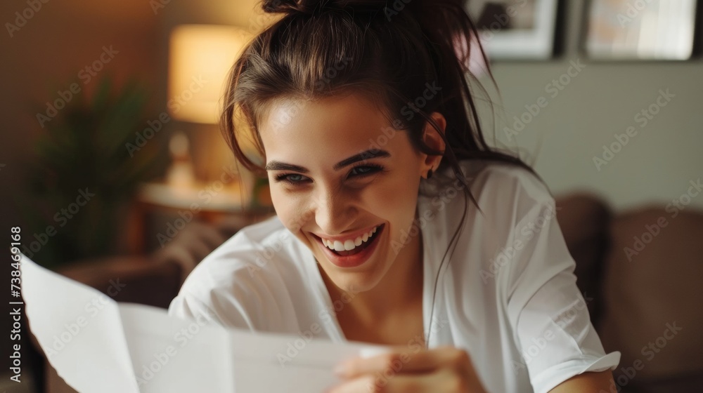 Happy woman reading letter, cozy indoor ambiance Happy woman reading letter, cozy indoor ambiance