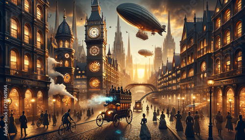 Steampunk-inspired Victorian clock tower in bustling London street.