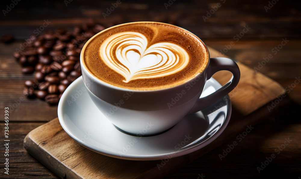 Coffee cup with latte art on wooden table background. Coffee cup with latte art on wooden table background.