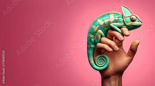 Chameleon on a hand on a pink background. Advertising concept