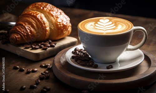 Coffee cup and croissant on a wooden table.