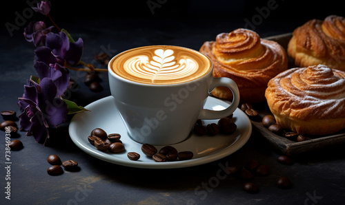 Coffee cup and buns with latte art on black background