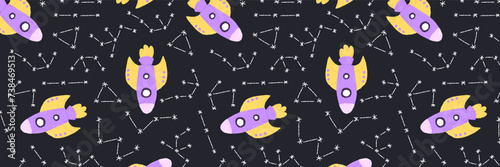 Baby cute seamless pattern with space elements on dark background. Hand drawn flat cartoon style. Vector illustration