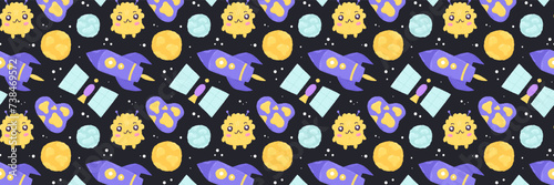 Baby cute seamless pattern with space elements on dark background. Hand drawn flat cartoon style. Vector illustration
