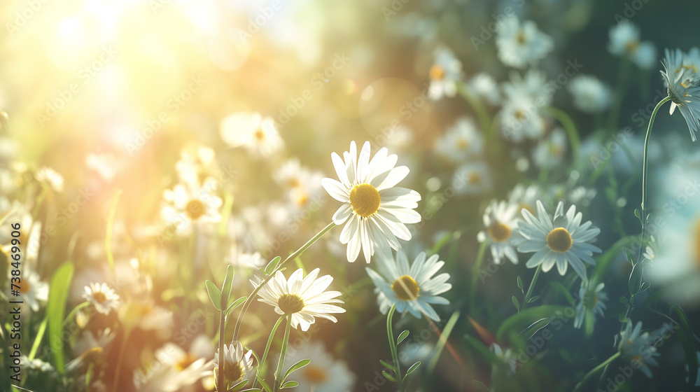 Beautiful chamomile flowers in the meadow, daisies blooming in the bright sunshine Nature scene in spring or summer with