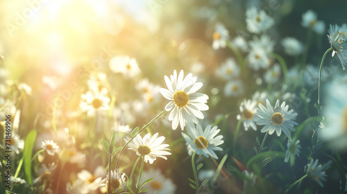 Beautiful chamomile flowers in the meadow, daisies blooming in the bright sunshine Nature scene in spring or summer with
