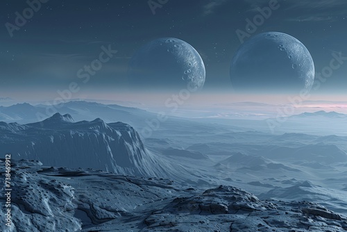 an exoplanet landscape with two moons in the sky  envisioning alien worlds
