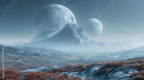 an exoplanet landscape with two moons in the sky, envisioning alien worlds