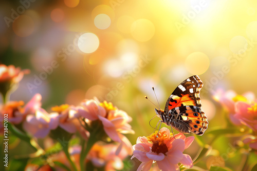 A bright butterfly rests on a flower. There is fresh sunlight in the morning. © atitaph