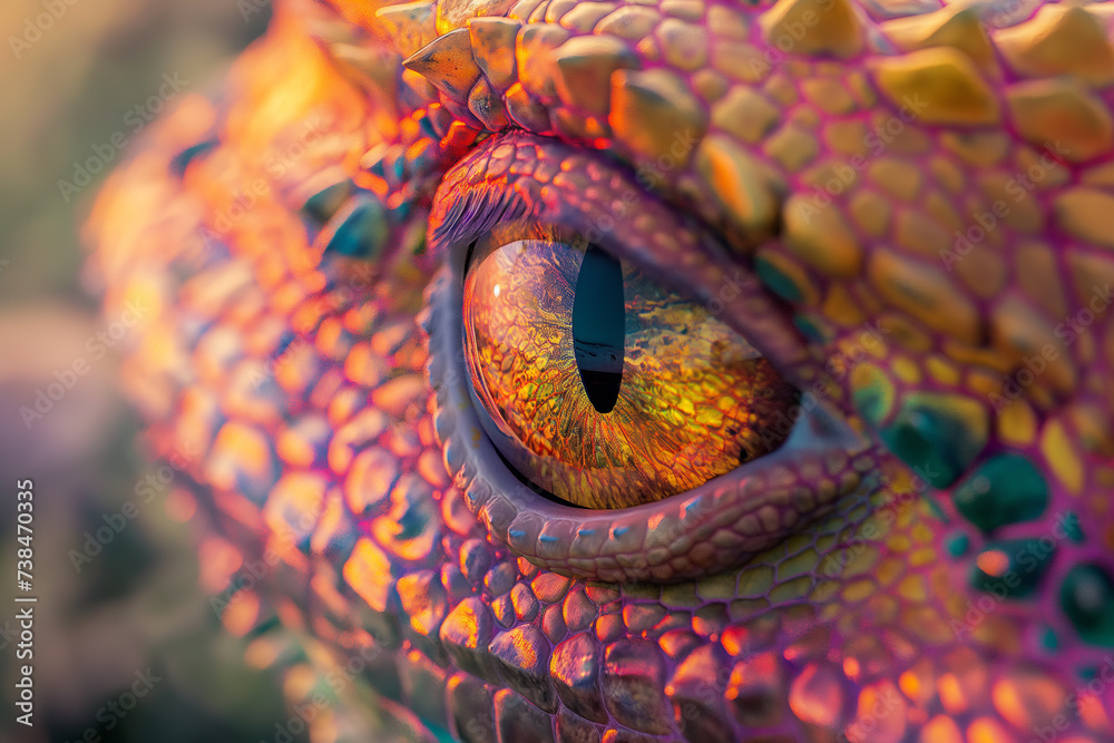 Close-up colorful dragon's eyes It captures intricate textures and bright colors.
